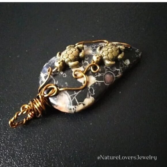 Handmade Turtle Pendant | Unique Plum Jasper Stone | Coastal Grandma |Sea Turtle - Picture 4 of 13